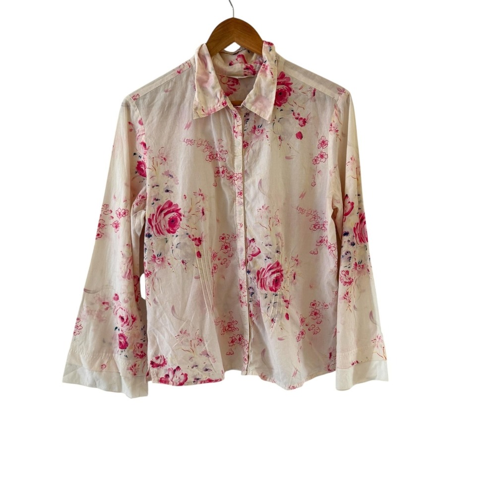 Vtg J. Jill Floral Snap Button Up Shirt Womens L Pink Rose Cottage Boho Western